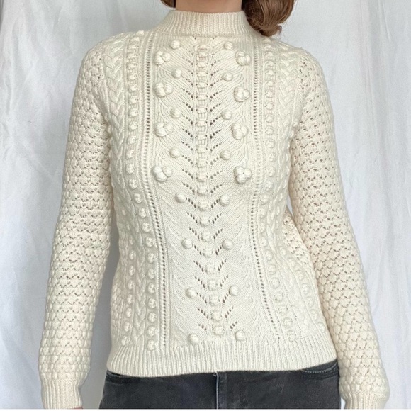 Sezane Cream Popcorn Cable knit 100% soft wool sweater pullover jumper Sz XS - Picture 3 of 15